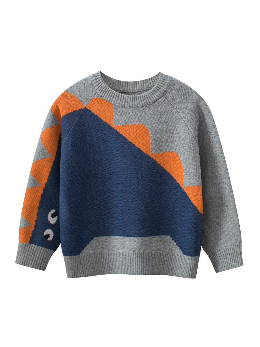 Baby Boy Kids Frightened Dinosaur Cartoon Crew Neck Long Sleeve Knitwear Pullover-1